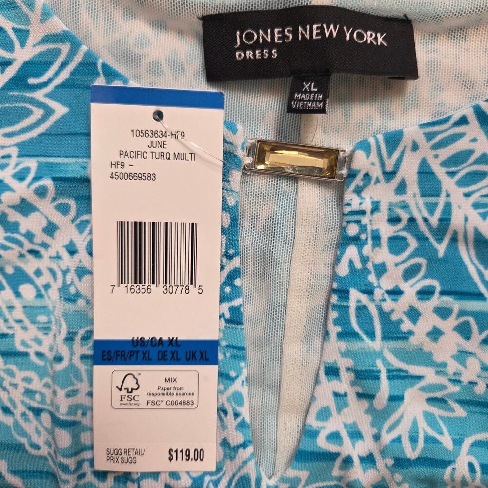 NWT Jones New York XL Jersey Pullover Sleeveless Summer Dress Turquoise White - Picture 14 of 16